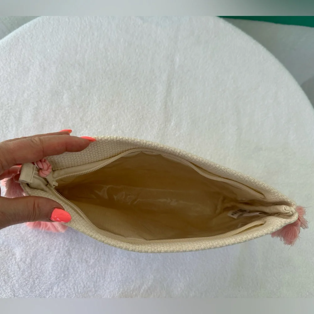 Shiraleah 12” x 8 “ Cosmetic Boho Zip Bag Cream & Pink Lined NWT - Picture 6 of 8